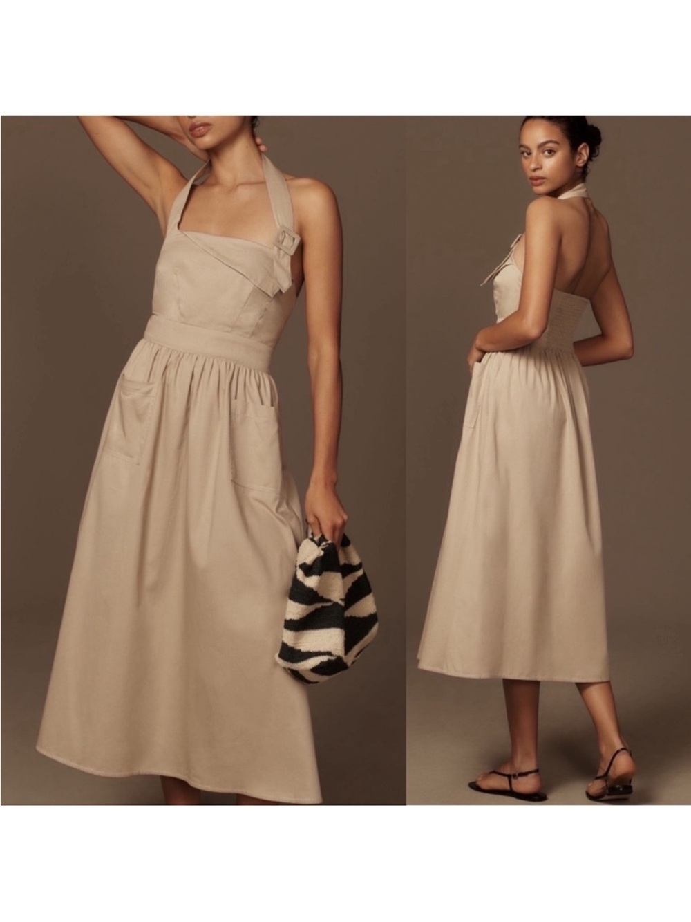 Porridge Anthropologie Tan Halter Utility MIDI Dress